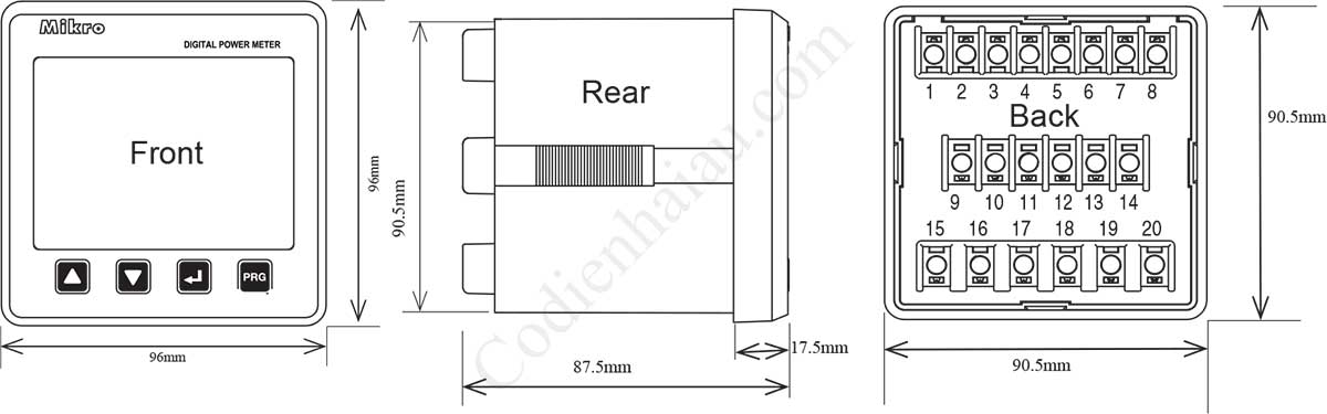 Kích thước lắp tủ Đồng hồ đo công suất đa năng Mikro DPM380 Series