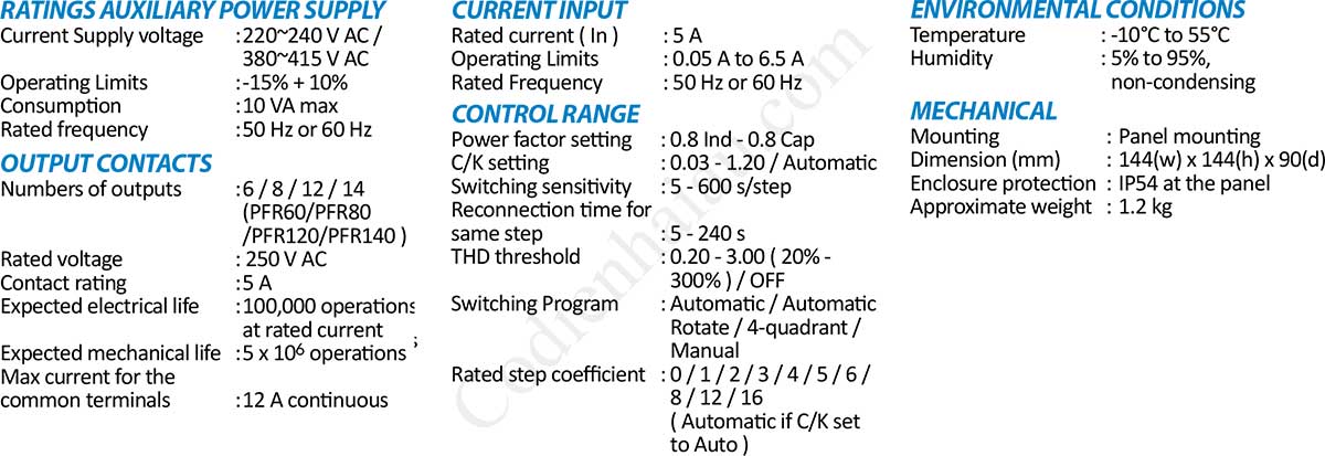 Thông số kỹ thuật bộ điều khiển tụ bù Mikro PFR Series