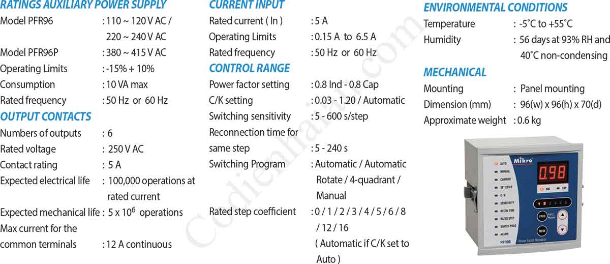 Thông số kỹ thuật bộ điều khiển tụ bù Mikro PFR96-Series