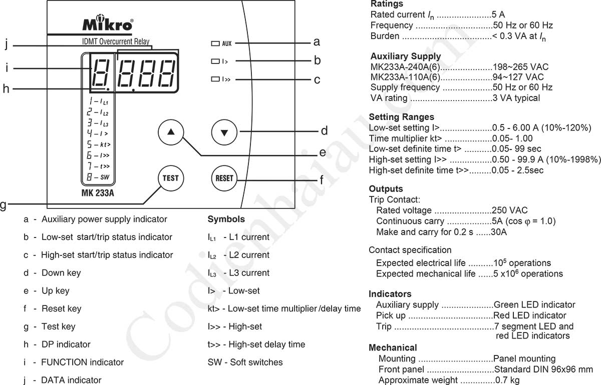 Thông số kỹ thuật Rơ le bảo vệ chạm đất Mikro MK233A