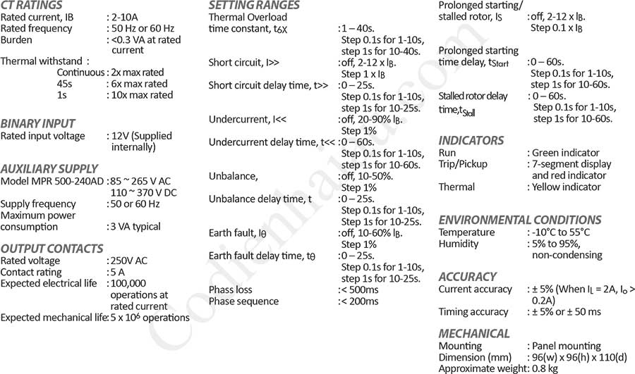 Thông số kỹ thuật Rơ le bảo vệ Motor Mikro MPR 500