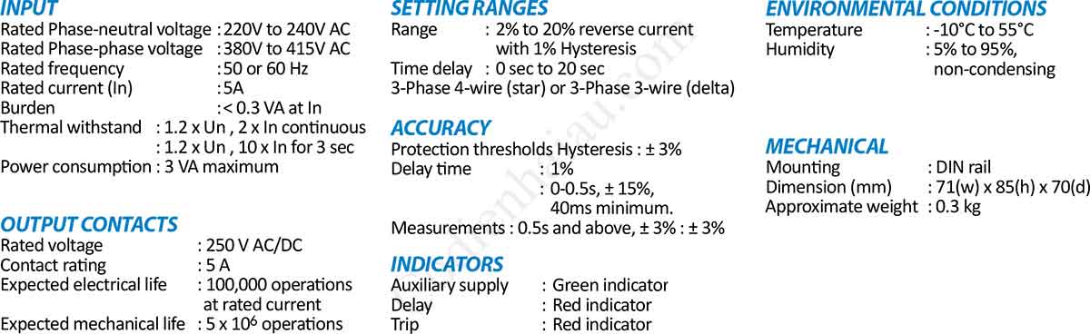 Thông số kỹ thuật Rơ le bảo vệ công suất ngược Mikro RPR 415A