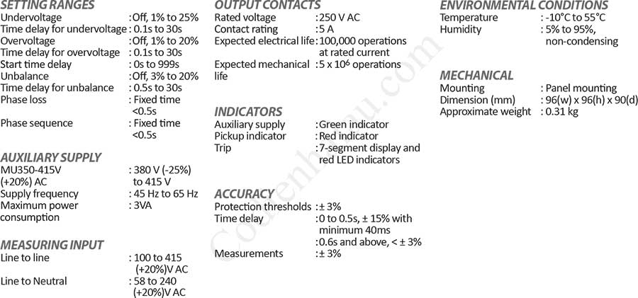 Thông số kỹ thuật Rơ le bảo vệ điện áp đa tính năng Mikro MU350