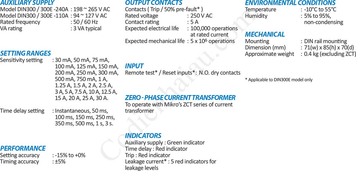 Thông số kỹ thuật Rơ le bảo vệ dòng rò Mikro DIN300 Series