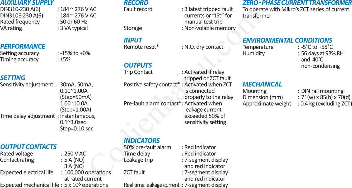 Thông số kỹ thuật Rơ le bảo vệ dòng rò Mikro DIN310 Series