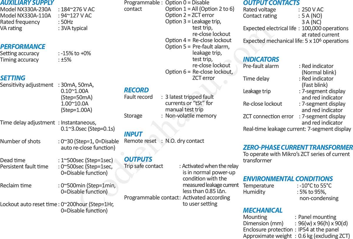 Thông số kỹ thuật Rơ le bảo vệ dòng rò Mikro NX330A