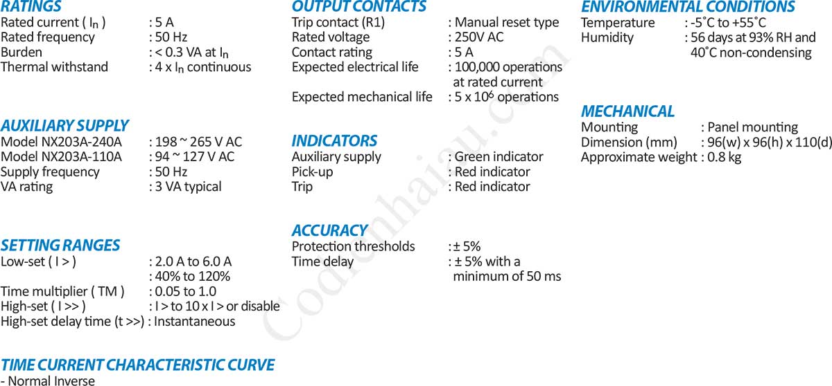 Thông số kỹ thuật Rơ le bảo vệ quá dòng Mikro NX203A