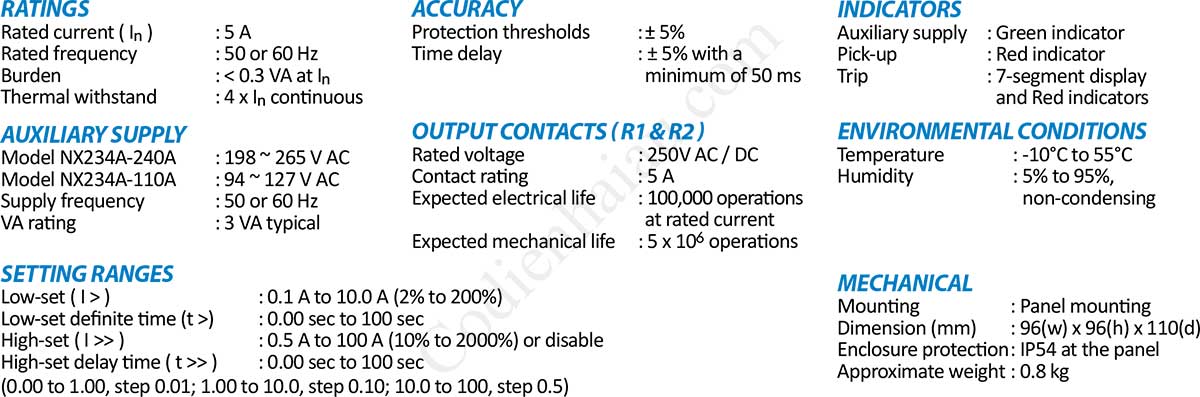 Thông số kỹ thuật Rơ le bảo vệ quá dòng Mikro NX234A