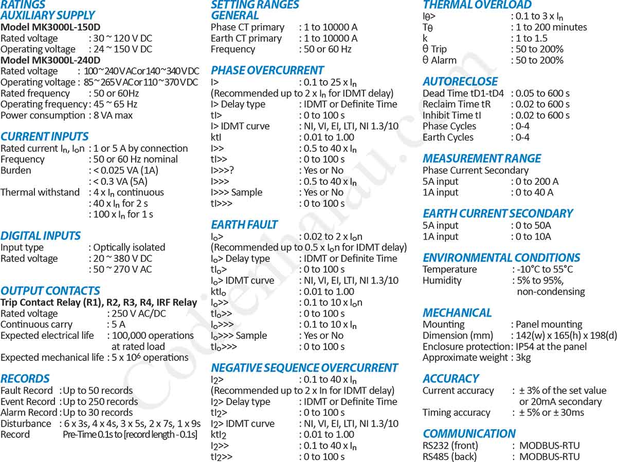 Thông số kỹ thuật Rơ le bảo vệ quá dòng và chạm đất Mikro MK3000L
