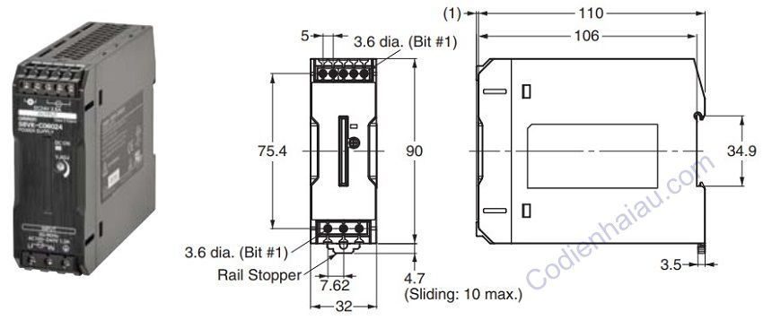 Kích thước lắp đặt của Bộ nguồn Omron S8VK-C06024 2.5A 60W 24V